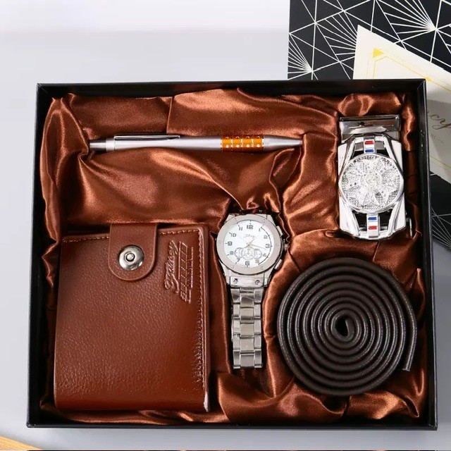 Silver watch, leather wallet, leather belt & pen set