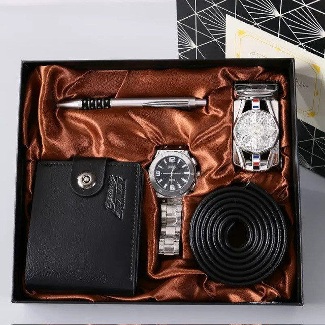 Silver watch, leather wallet, leather belt & pen set