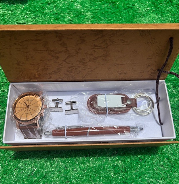 Leather watch, cufflink, keychain & pen set