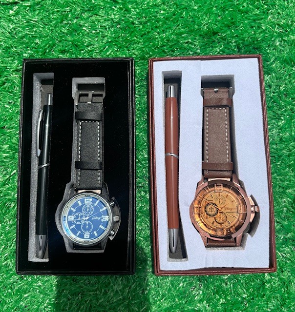 Leather watch and pen set