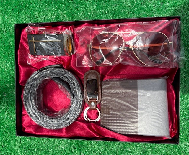 Leather belt, wallet, sunglasses & keychain set