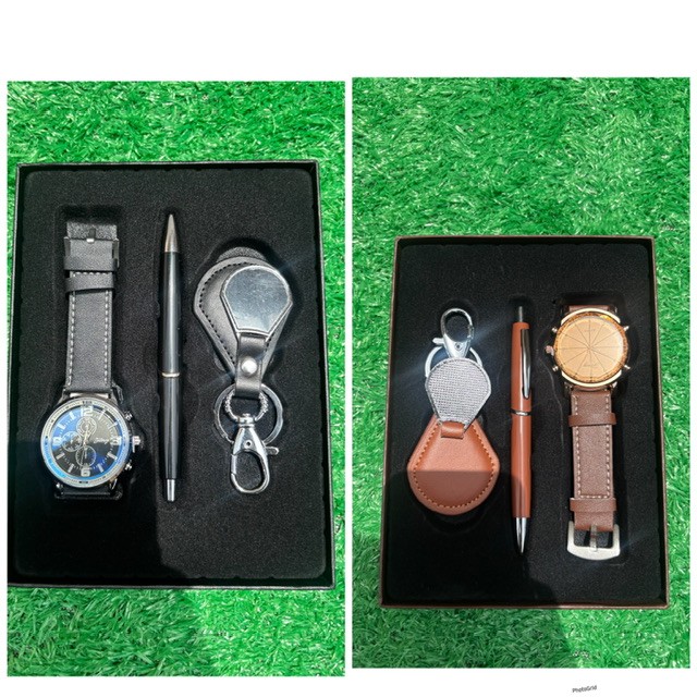 Leather watch, keychain and pen set