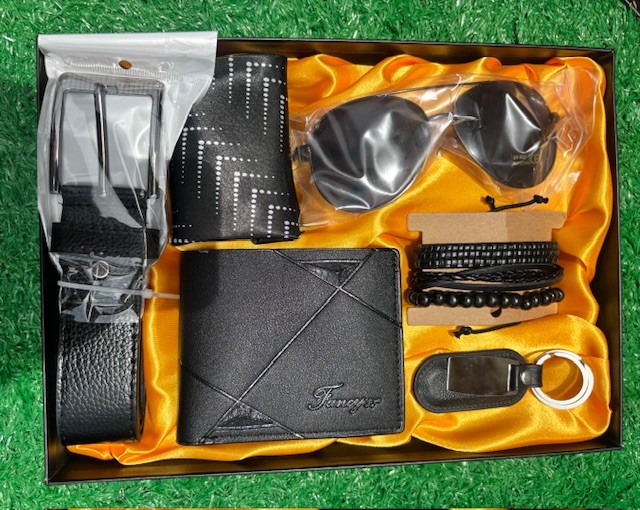 Leather belt, wallet, necktie, sunglasses, bracelet & keychain