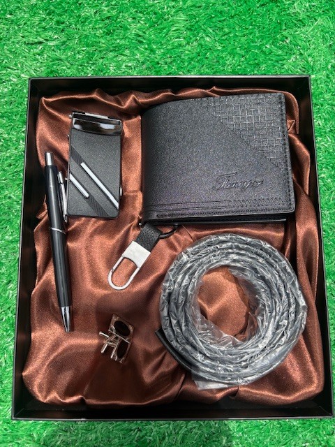 Leather wallet, belt, cufflink, keychain & pen set
