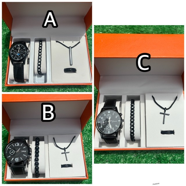 Leather watch, Cuban bracelet, necklace & ring set for men