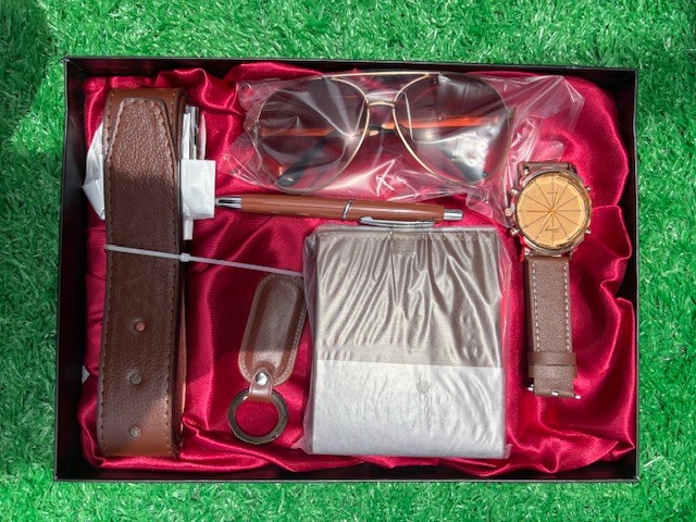 Leather watch, belt, wallet, sunglasses, keychain & pen set