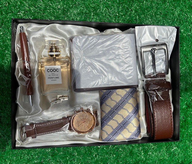 Leather watch, belt, wallet, perfume, necktie,  & pen set