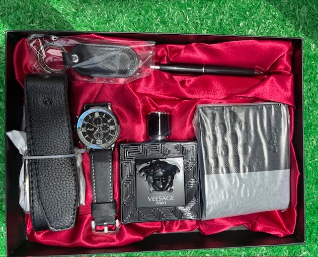 Leather watch, belt, wallet, perfume, keychain & pen set