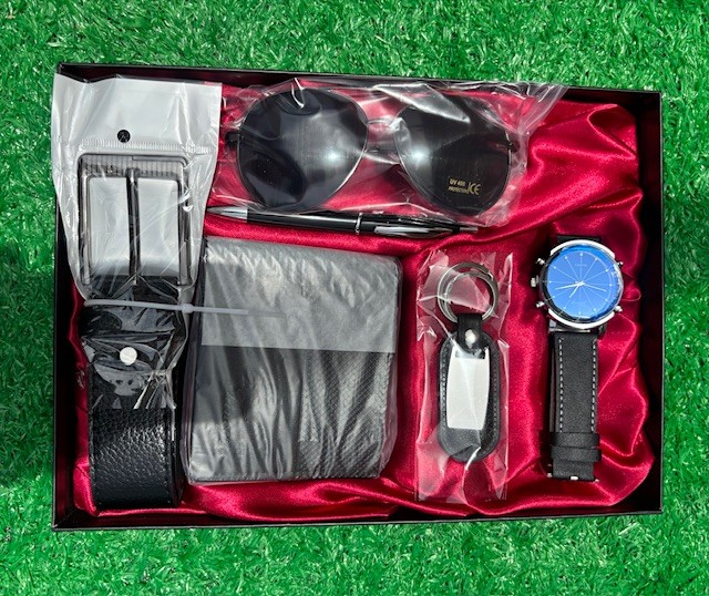 Leather watch, belt, wallet, sunglasses, keychain & pen set