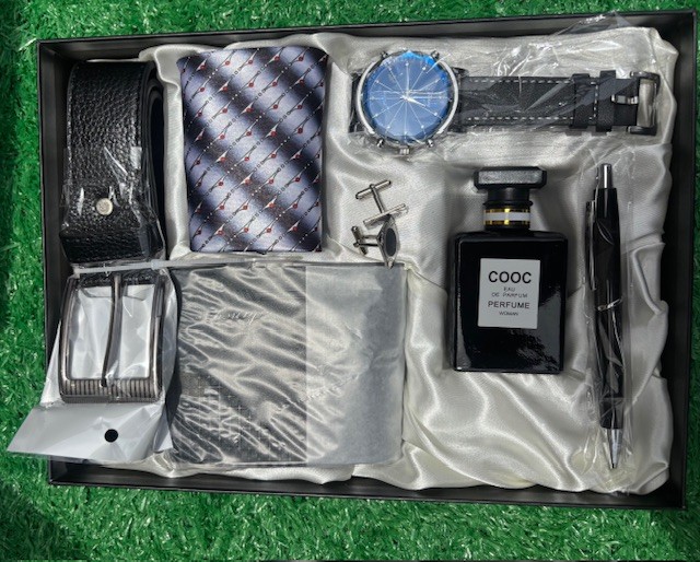 Leather watch, belt, wallet, perfume, necktie,  & pen set